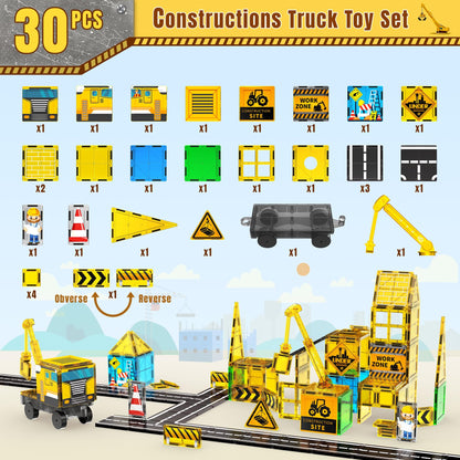 SKTMYY Magnetic Tiles for Kids, Construction Toys with Crane Road Truck Magnets Building Blocks Gifts for Kids Ages 3-5 4-8 Montessori Preschool Educational STEM Toy Gifts for 3+ Years Old Boys
