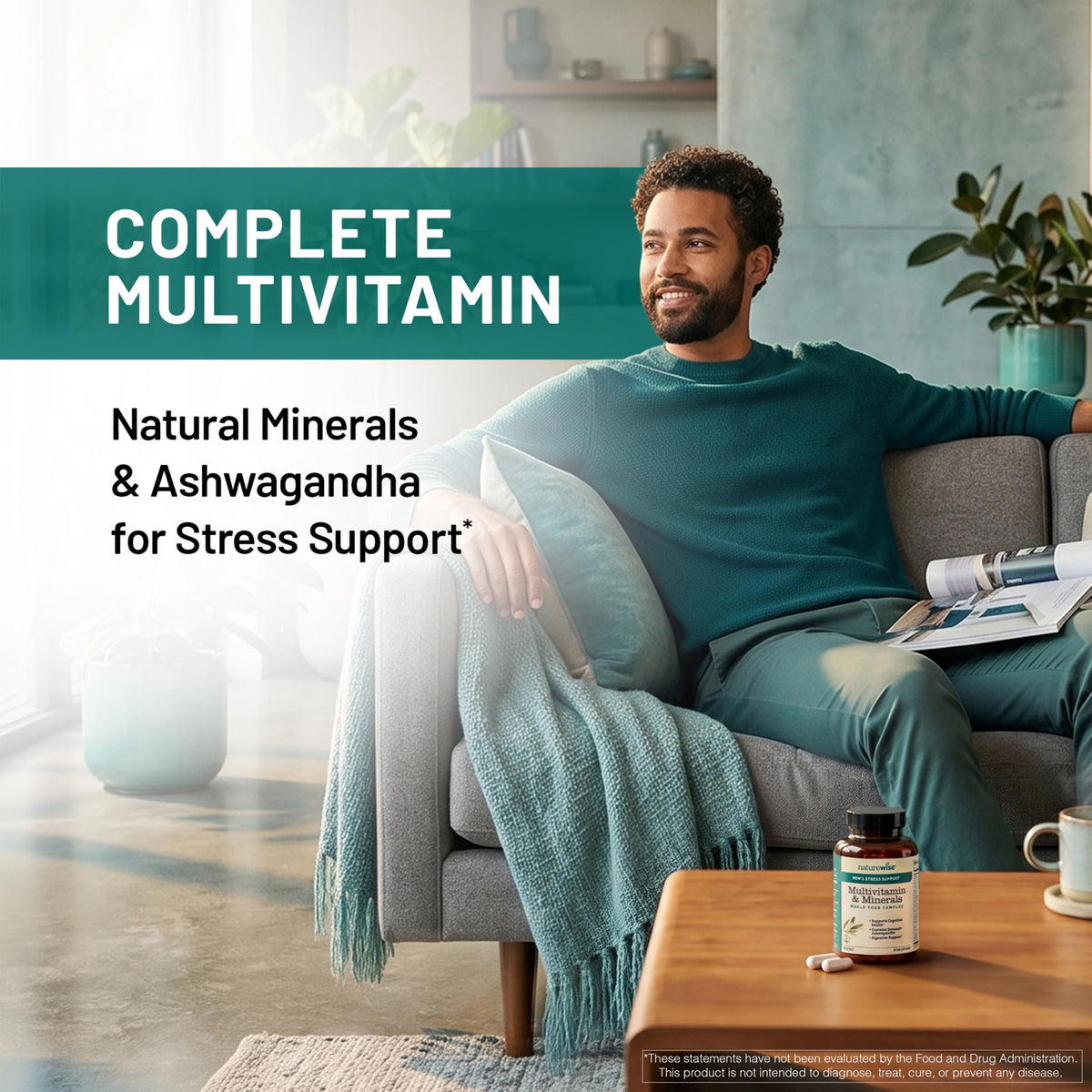 NatureWise Multivitamin for Men + Stress Support + Fulvic Ionic Minerals + Probiotics for Immunity, Male Health, Digestion + Whole Organic Foods - Vegetarian, Non-GMO - 60 Capsules[1-Month Supply]
