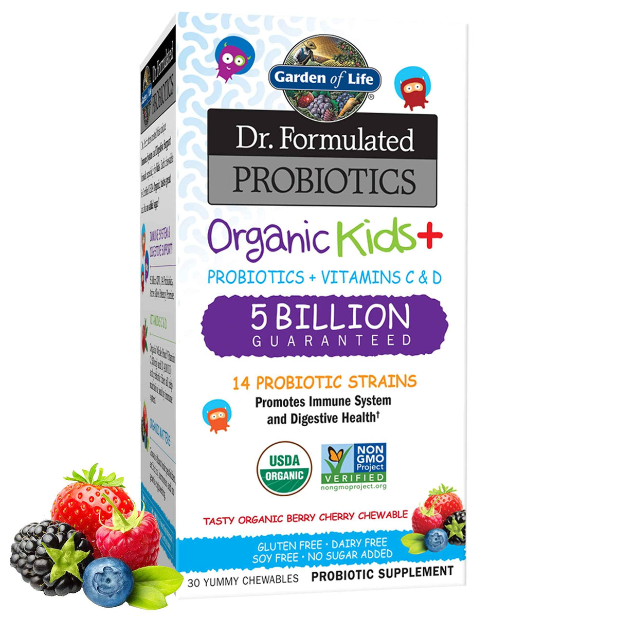Garden of Life Dr. Formulated Probiotics Organic Kids+ plus Vitamin C & D - Berry Cherry - Gluten, Dairy & Soy Free Immune & Digestive Health Supplement, No Added Sugar, 30 Chewables (Shelf Stable)