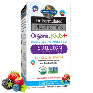 Garden of Life Dr. Formulated Probiotics Organic Kids+ plus Vitamin C & D - Berry Cherry - Gluten, Dairy & Soy Free Immune & Digestive Health Supplement, No Added Sugar, 30 Chewables (Shelf Stable)