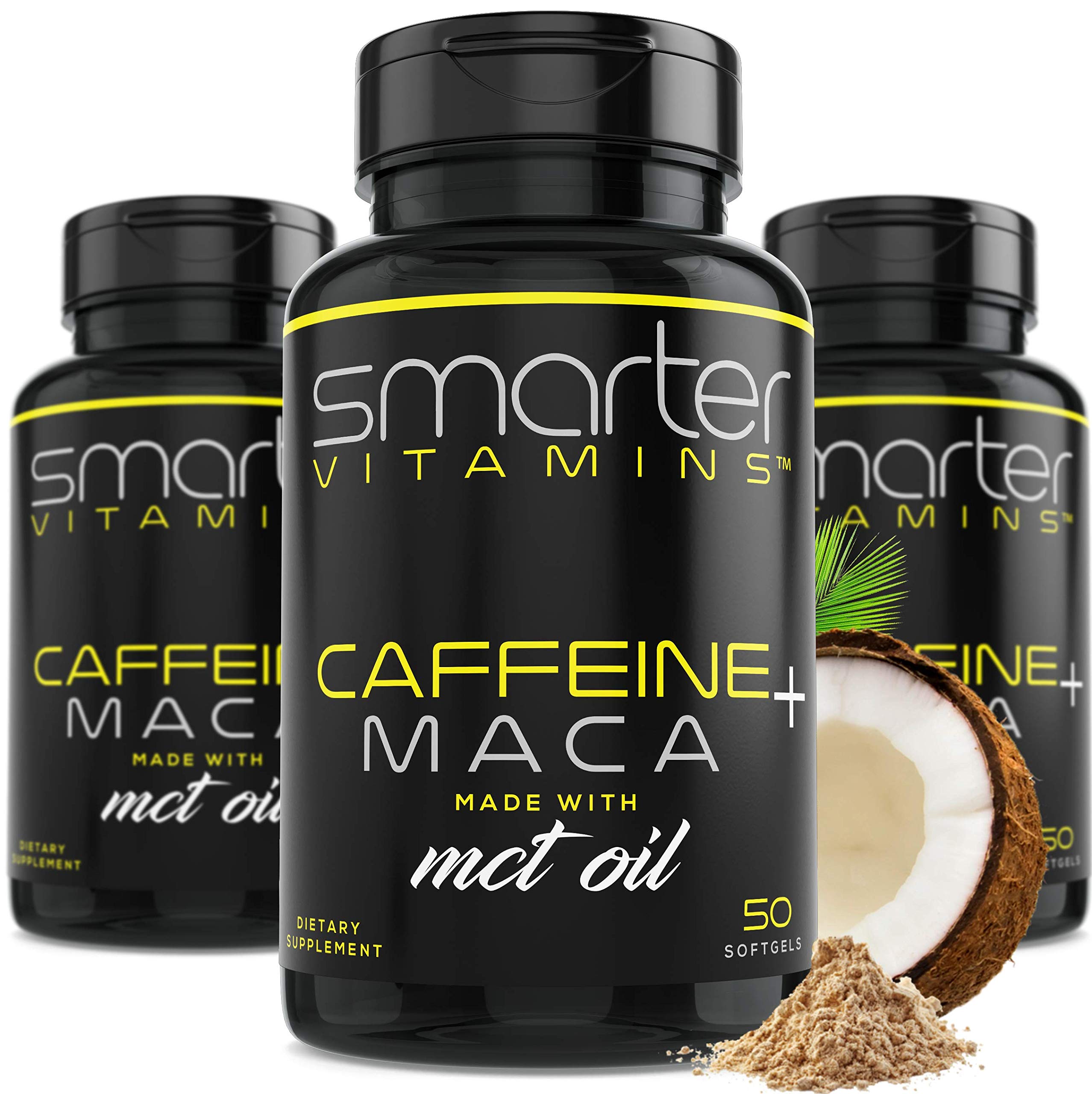 3 Pack Caffeine Energy Pills 200mg with Maca Root & MCT Oil, 150 Softgels