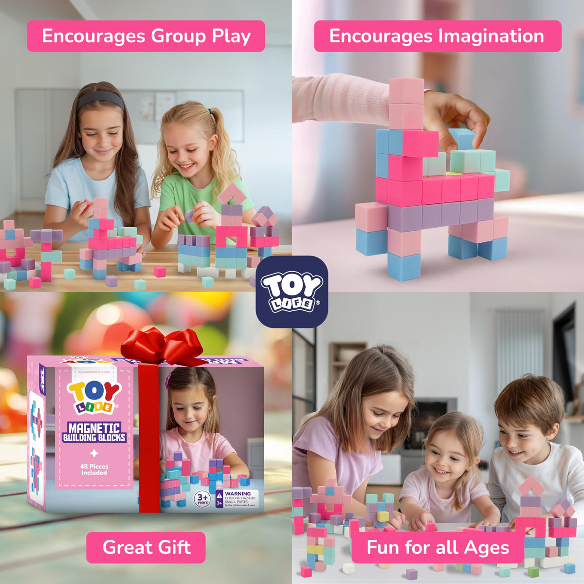 TOY Life Pastel Magnetic Blocks, 48-Piece STEM Set, Ages 3-8