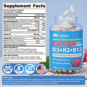 Calcium 1200 mg with Vitamin D3 K2 5000 IU Softgels Supplement for Women Men - Liposomal Calcium Citrate & Algae Calcium Magnesium Zinc + D3 K2 B12, Plant-Based Vegan Vitamin D, Boron for Bone,120ct