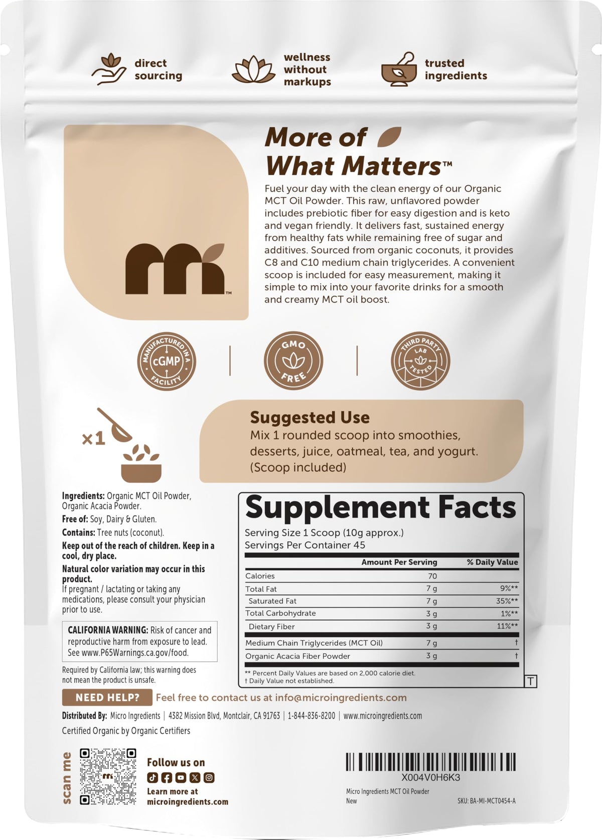 Micro Ingredients Organic MCT Oil Powder with Prebiotic Fiber, 1 lb (16 oz)