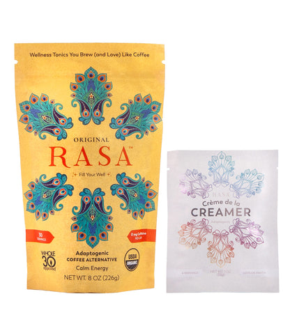 RASA Original Adaptogenic Coffee Alternative & Crème de la Creamer Bundle | Ayurveda Mushroom Wellness Tonic & Adaptogen Powdered Non-Dairy Creamer with MCT Oil — Vegan, Whole 30, Keto (30 Servings)