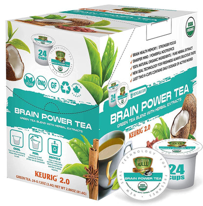 SOLLO Brain Power Organic Green Tea Pods with MCT, Acai & Essential nutrition, Nootropic Brain Booster- Improves Memory & Focus Compatible with 2.0 K-Cup Keurig Brewers, 24 Ct