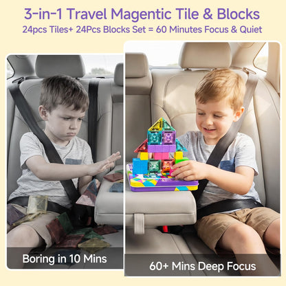 burgmate Mini Magnetic Blocks Travel Set: 48 Pieces 3 in 1 Magnetic Tiles Set with an Ultra-Light Tin Box for On the Go, 60 Mins Focus 45s Cleanup - Boys Girls Air Travel Ages 3-8