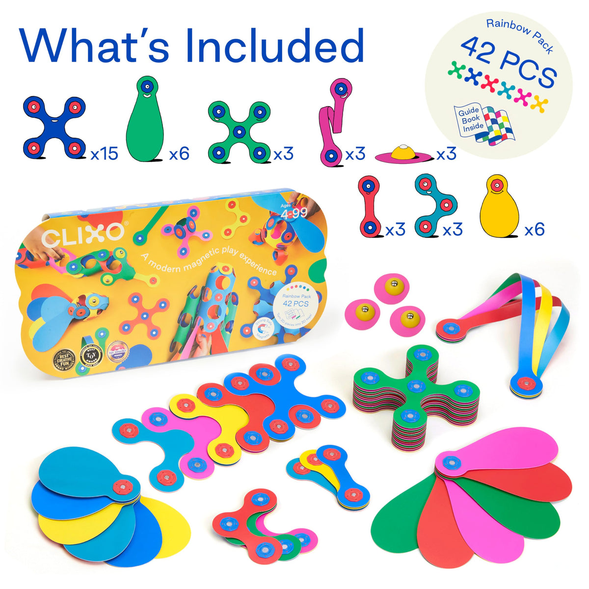 Clixo Rainbow 42 Piece Pack. Flexible Imagination Boosting Magnetic Building Toy. Modular Designs for Hours of STEM Play. Kids Basket Stuffer Gift. Multi-Sensory Magnet Toy, Travel Friendly. Ages 4-99