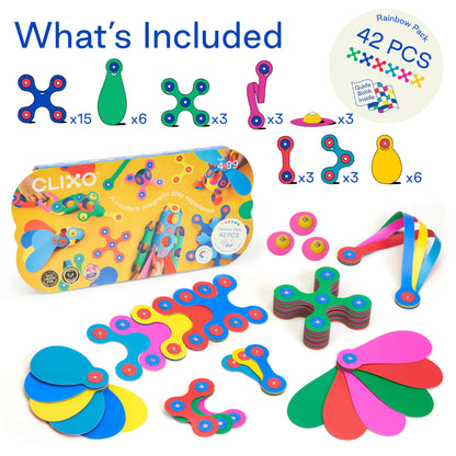 Clixo Rainbow 42 Piece Pack. Flexible Imagination Boosting Magnetic Building Toy. Modular Designs for Hours of STEM Play. Kids Basket Stuffer Gift. Multi-Sensory Magnet Toy, Travel Friendly. Ages 4-99