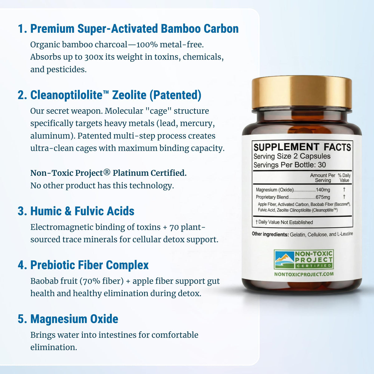 Gut Detox & Liver Cleanse - Organic Activated Charcoal Capsules with Clinoptilolite Zeolite Binder - TrueCarbonCleanse Carbon Supplement - 60 Bamboo Charcoal Pills