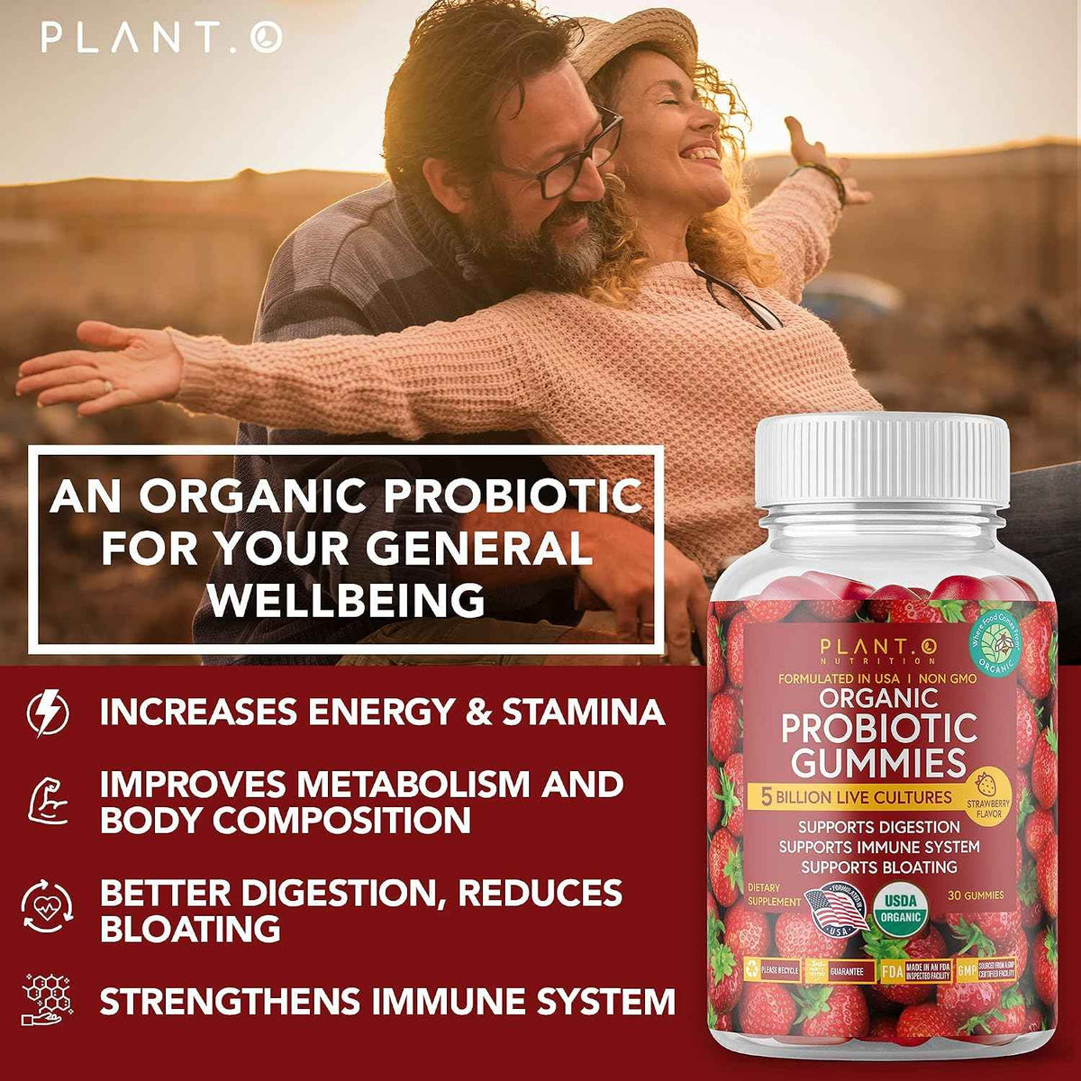 Plant.O Organic Probiotic Gummies for Women, Men & Kids [5 Billion CFUs USDA Certified] Help Support Digestion, Bloating, Constipation & Immune System, Strawberry Flavor, 30 Chewable Probiotics