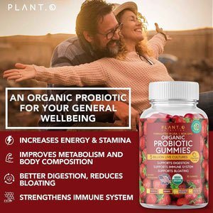 Plant.O Organic Probiotic Gummies for Women, Men & Kids [5 Billion CFUs USDA Certified] Help Support Digestion, Bloating, Constipation & Immune System, Strawberry Flavor, 30 Chewable Probiotics