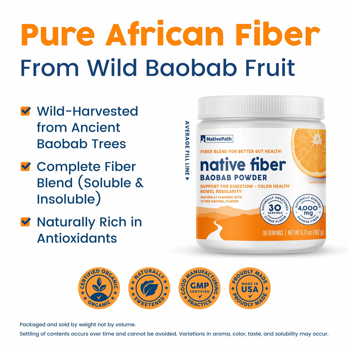 NativePath Organic Baobab Prebiotic Fiber Powder - Digestive Health Supplement - Natural Orange Flavor, 30 Servings