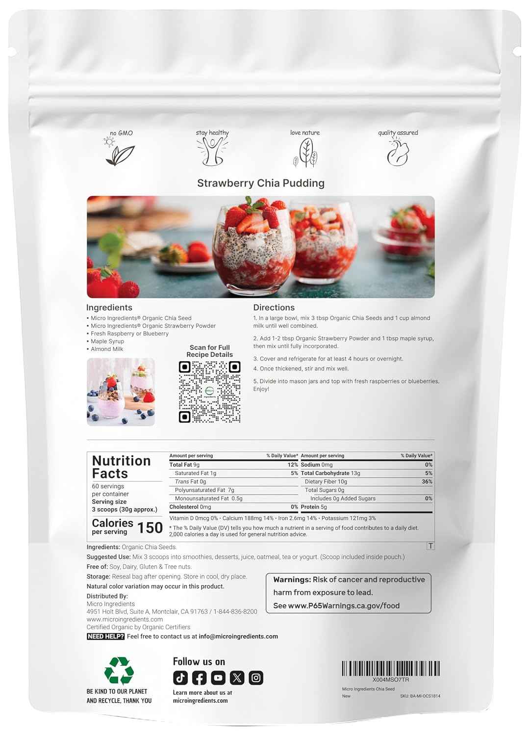 Micro Ingredients Organic Chia Seeds, 4lbs - Contains Omega-3s - Non-GMO - Excellent Source of Fiber - Plant Based Protein - Raw Chia Seed Source - Great for Baking, Smoothies & Pudding - Gluten Free