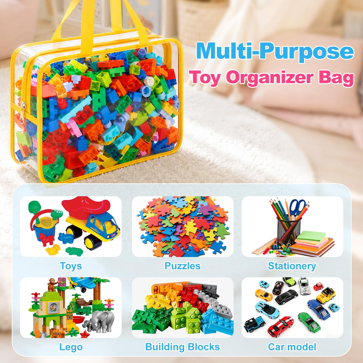 Etbndta 8 Pack Clear Toy Storage Bags with Zipper, Large Capacity PVC Plastic Toy Organizers and Storage for Puzzles, Lego Blocks, Board Game, Magnatiles, Stackable Bags with Labels for Home, Travel