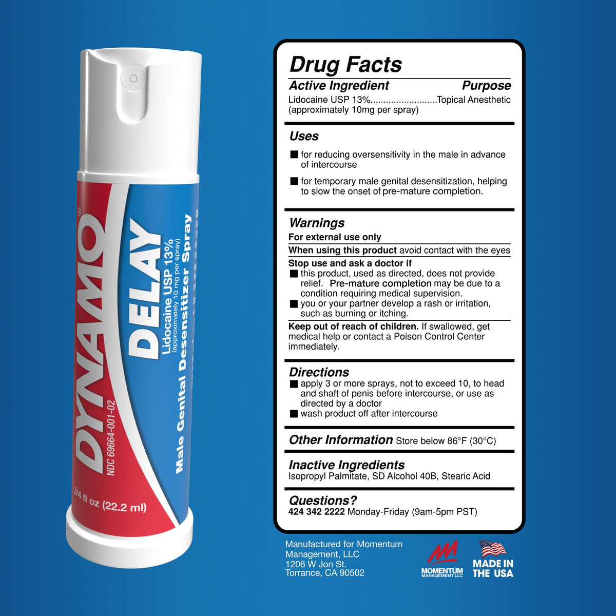Dynamo Delay Desensitizing Spray for Men to Help You Last Longer in Bed - Reduces Oversensitivity, Prolong Climax for Him, Metered Dose, 0.75 Fl Oz (2 Pack)