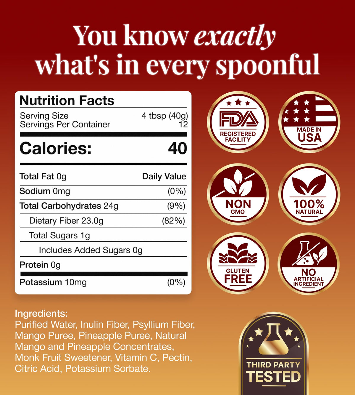 The Fiber Gel High Dietary Fiber Prebiotic Gel Formula — 100% Natural & Clean Label — Plant-Based Psyllium Husk & Inulin Complex — Keto Friendly, Vegan, No Added Sugar — Mango&Pineapple, 16 oz