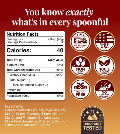 The Fiber Gel High Dietary Fiber Prebiotic Gel Formula — 100% Natural & Clean Label — Plant-Based Psyllium Husk & Inulin Complex — Keto Friendly, Vegan, No Added Sugar — Mango&Pineapple, 16 oz