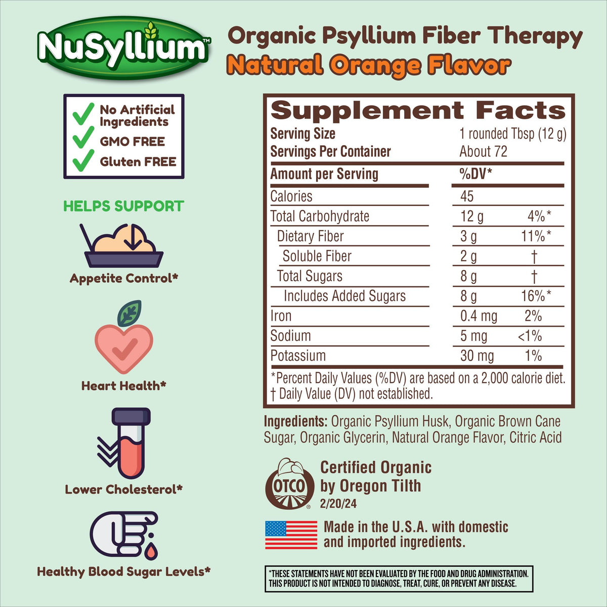 NuSyllium Psyllium Husk Powder, USDA Organic, 30.5 Oz, Dietary Fiber Supplement with Brown Sugar, Helps Digestive Health* Natural Orange, 72 Servings