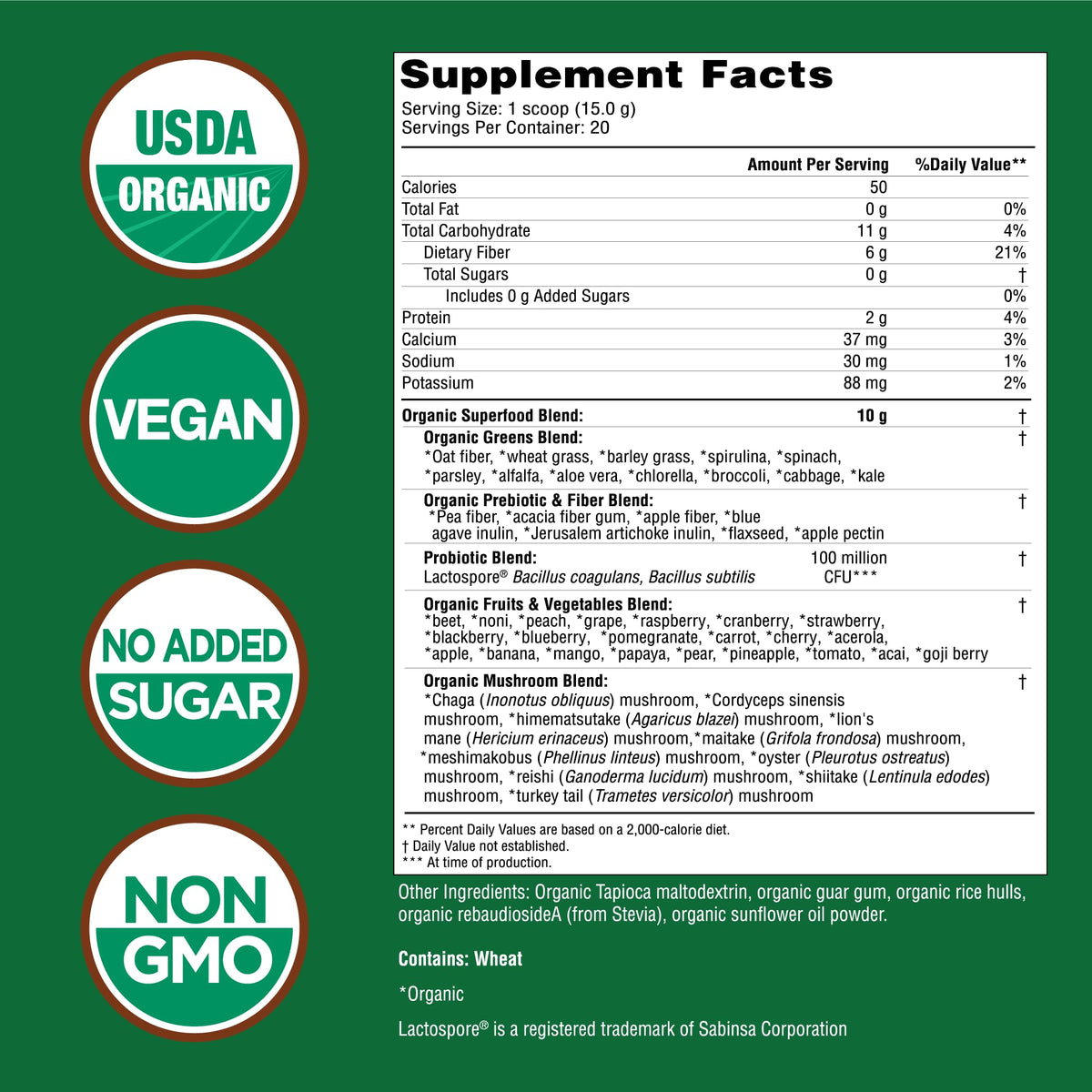 Country Farms Super Greens Natural Flavor, 50 Organic Super Foods, USDA Organic Drink Mix, Fruits, Vegetables, Super Greens, Mushrooms & Probiotics, Supports Energy, 40 Servings, 10.6 Oz, 2 Pack