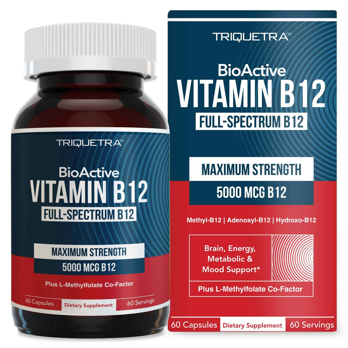 BioActive Vitamin B12 - 5000 mcg, Contains 3 BioActive Forms Methylfolate Cofactor - Methyl B12, Adenosyl B12 & Hydroxy B12 - Supports Energy, Metabolism & Mood - Vegan, Non-GMO (60 Servings)