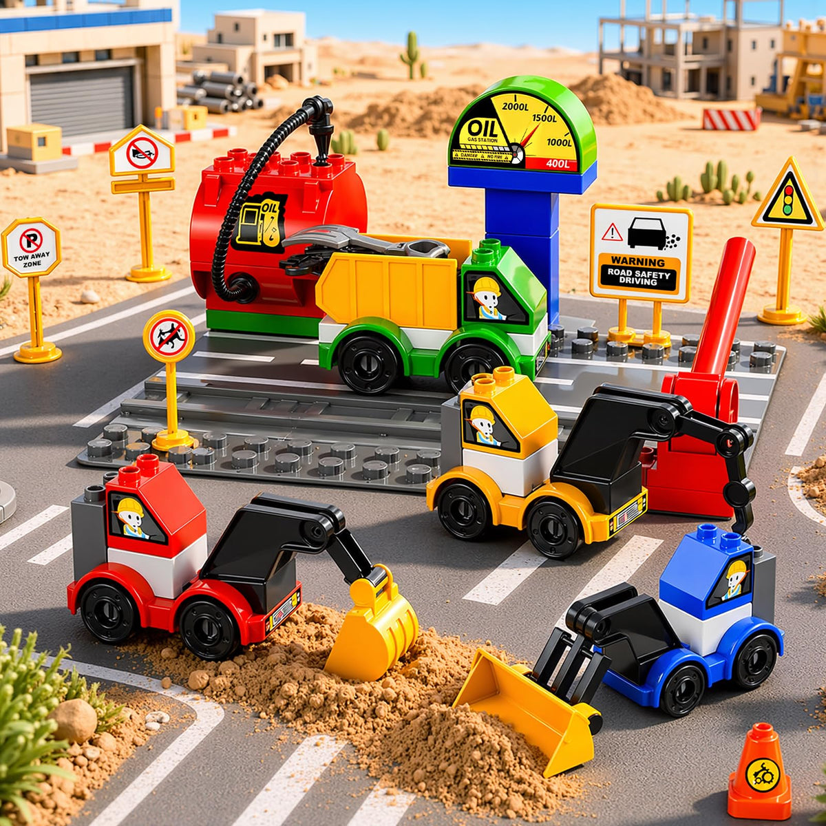 XINNOVEL Toddlers Car Building Blocks Set, 72 Pcs Large Building Blocks, STEM Construction Toys Include Excavator,Bulldozer,Dump Truck,Road Traffic,Signs,Toys for 3 4 5 4 7 8 Year Old Boys Girls