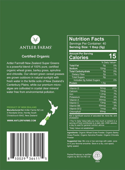 Antler Farms New Zealand Super Greens Powder - Organic, 40 Servings, 200g - 100% Pure, Wheat Grass, Barley Grass, Chlorella, Spirulina - Vegan, Gluten Free, Chlorophyll Rich, for Energy and Detox