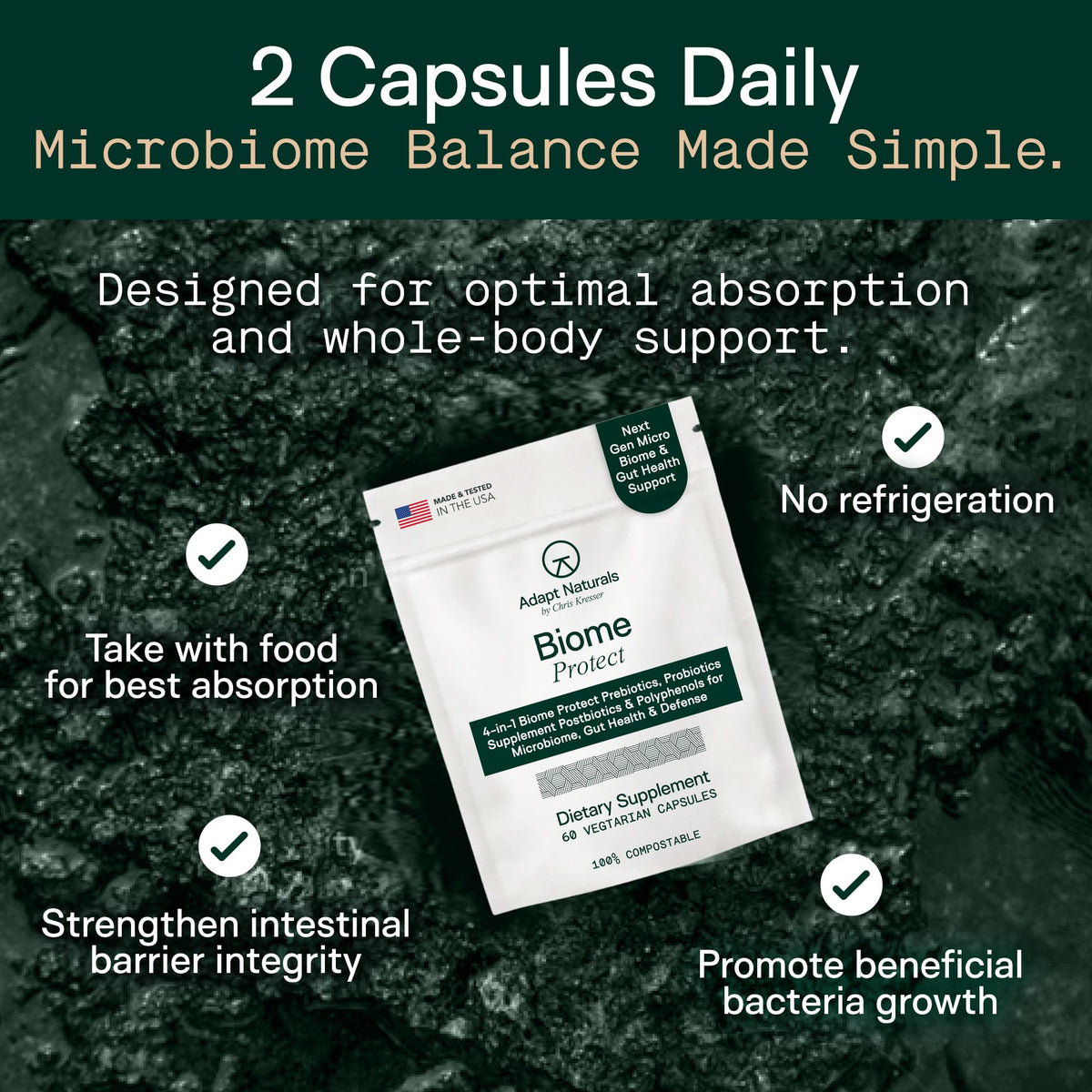 Adapt Naturals 4-in-1 Biome Protect Prebiotics, Probiotics, Postbiotics - & Polyphenols Supplement for Microbiome - Supports Immune & Gut Health, & Mental Clarity for Women & Men - 30 Day Supply