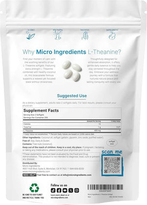 Micro Ingredients L-Theanine 400mg, 400 Softgels - Highly Bioavailable with Coconut Oil - Extra Strength Theanine Amino Acid - Calm & Relaxation Support + Focus Supplement - Non-GMO, Gluten Free