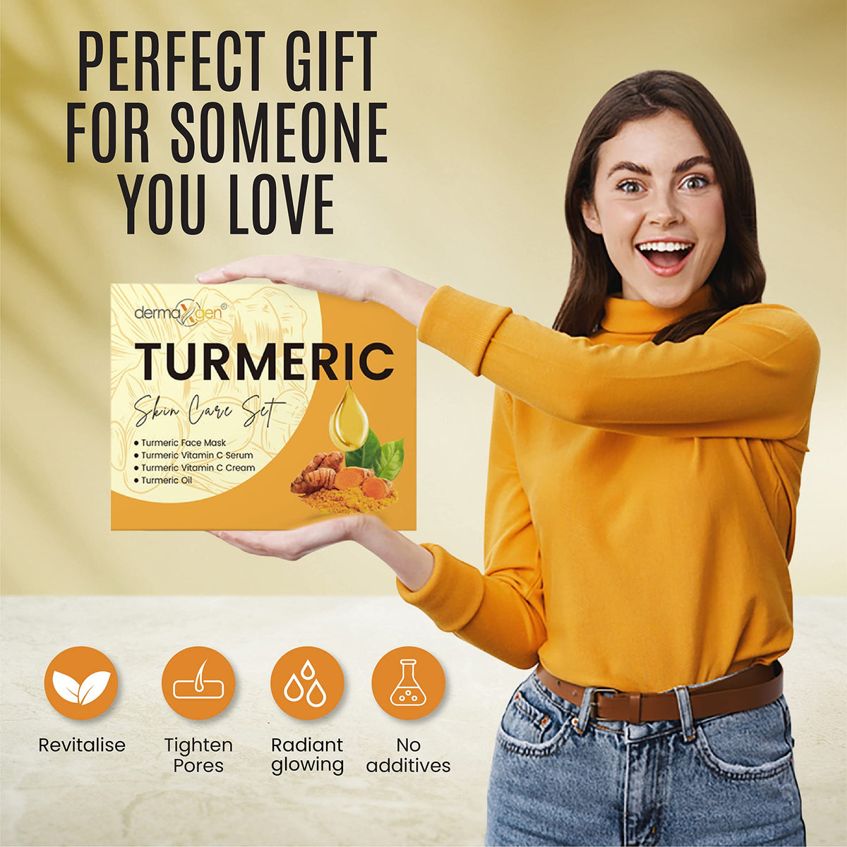 DERMAXGEN Turmeric Complete Glow Boosting Set - Anti-Aging, Acne Control & Pore Refining - Includes Turmeric Mask, Serum, Cream & Cleanser (Set of 4)