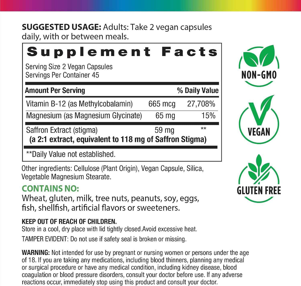 Rainbow Light Saffron Extract + Magnesium Glycinate Supplement - 90 Capsules - With Methyl B12 - Helps Support a Positive Mood - Vegan, Non-GMO and Gluten Free