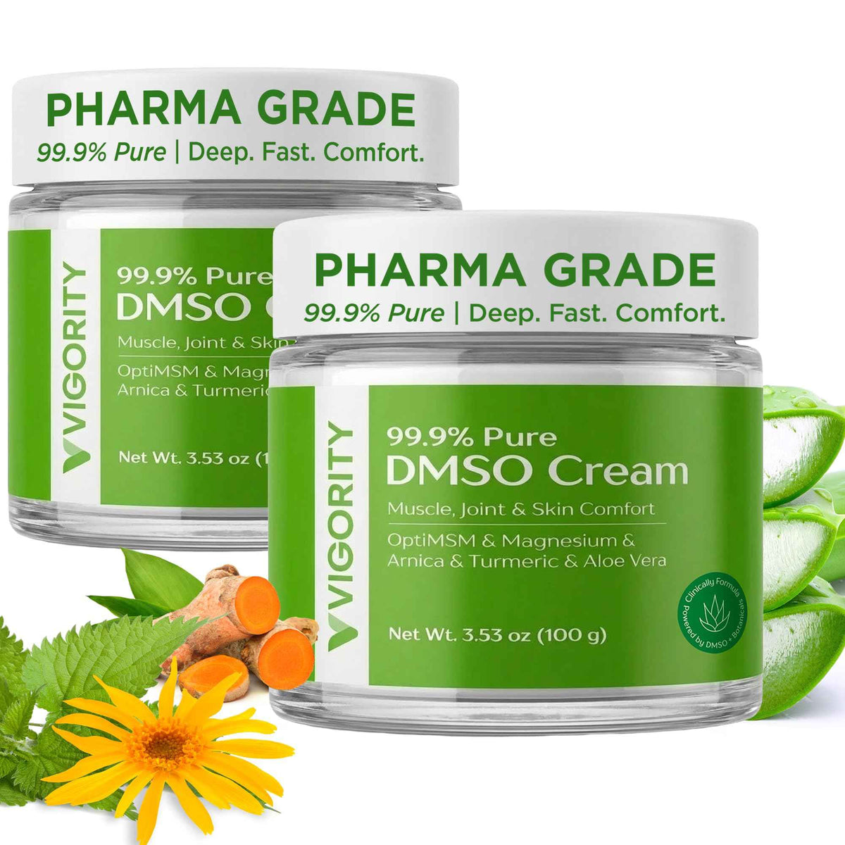 Vigority DMSO Cream 99.9% Pure for Topical Joint, Muscle Comfort - DMSO Pharmaceutical Grade Cream with Arnica, Magnesium, Turmeric, OptiMSM, Aloe Vera 2 Pack
