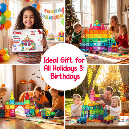 Bmag 100PCS Magnet Building Blocks with 2 Cars for Kids, Magnetic Tiles Stacking Building Set for Boys Girls, STEM Preschool Educational Learning Construction Toy