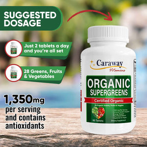 Organic Superfoods Vitamins Super Greens Complex by Caraway Vitamins 1,350 mg per Serving 28 Fruits Vegetables Greens 60 Count Tablets Non-GMO Natural for Men & Women