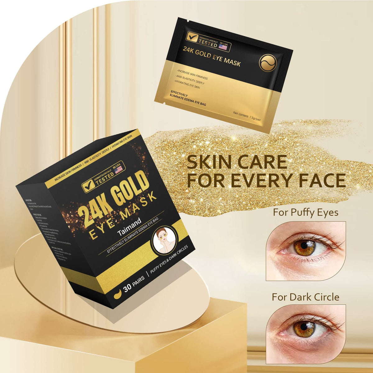 Taimand 24K Gold Under Eye Patches - 30 Pairs - Collagen Eye Mask for Dark Circles, Puffy Eyes & Wrinkles
