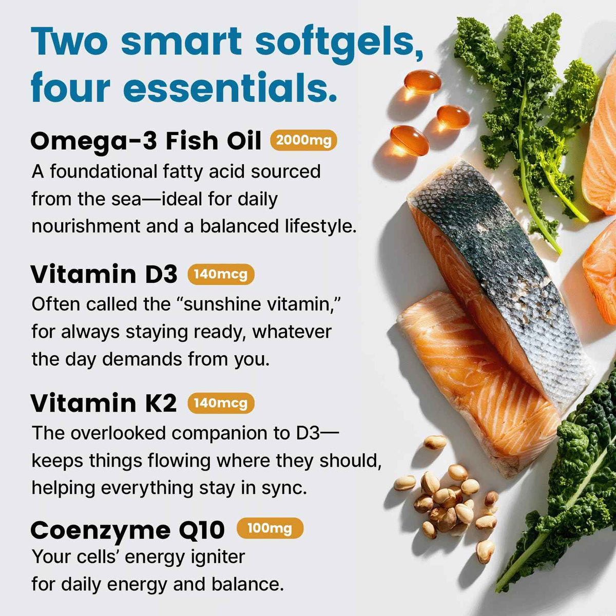 4-in-1 Fish Oil Omega 3 Fatty Supplements (2100mg) - Omega 3 Fish Oil with Vitamins D3 K2 and CoQ10 - Lemon Flavored (120 softgels)