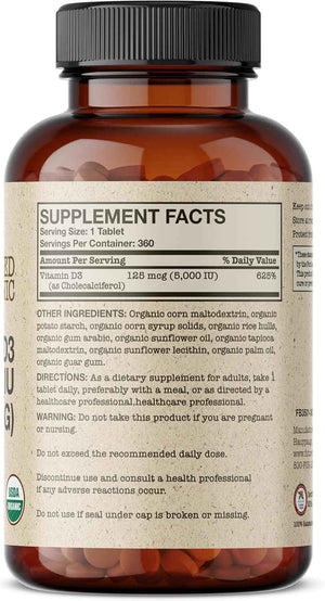 Futurebiotics Vitamin D3 5,000 IU (125 MCG), USDA Certified Organic Vitamin D Supplement, 360 Tablets