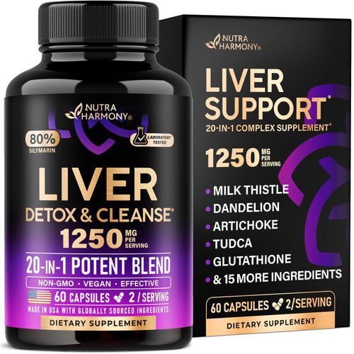 Liver Cleanse & Detox 1250 mg - Milk Thistle 80 % Silymarin - Dandelion - Artichoke - TUDCA - Glutathione & NAC - Liver Health & Bile Production Support - Lab Tested, Vegan - Made in USA - 60 Capsules