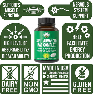 3 in 1 Advanced Magtein Magnesium Complex Capsules with Clinically Tested Magnesium L-Threonate, Glycinate & Taurinate. High Absorption & Bioavailability. Support Brain, Focus & Memory. 90 Vegan Pills