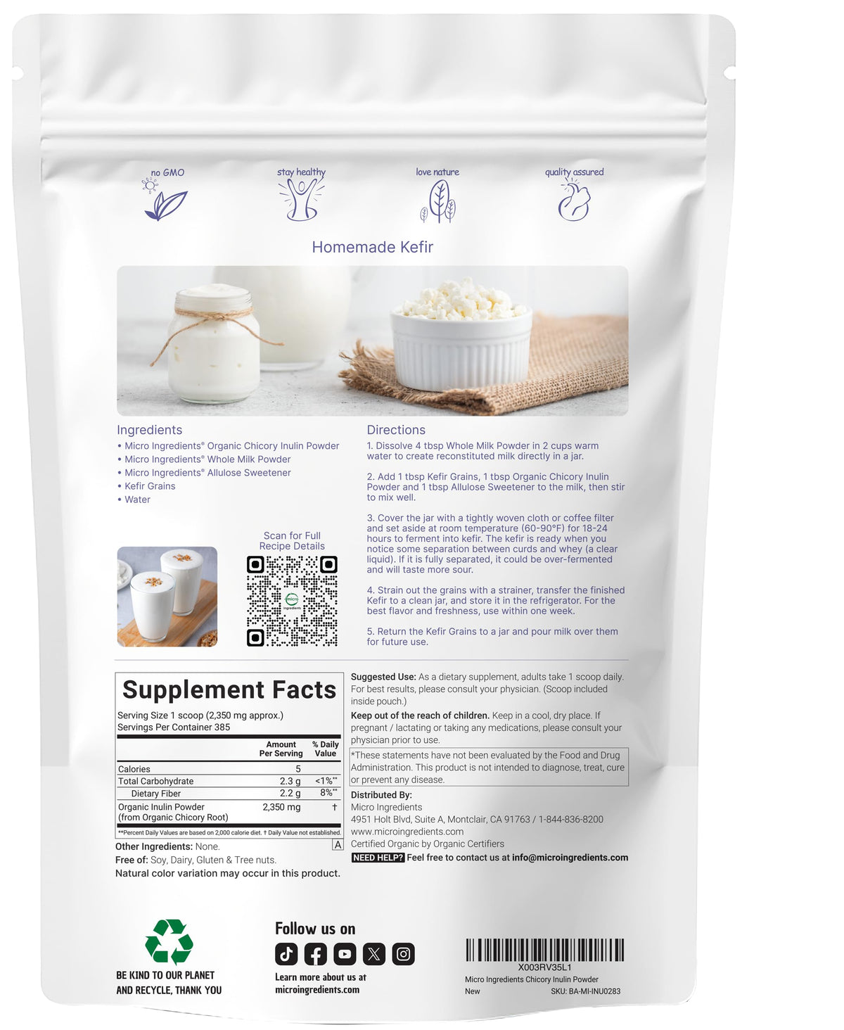 Micro Ingredients Organic Inulin Fiber Powder, 2lb | Natural Prebiotic to Support Digestive & Gut Health | Soluble, Easily Digestible | Unflavored, Vegan