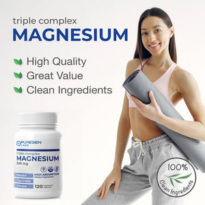 Puregen Labs Triple Magnesium Complex 300mg of Magnesium Glycinate, Malate, & Citrate [High Absorption] 120 Veg Capsules | No Harmful Additives | Non-GMO, NO Gluten and Dairy P Puregen Labs buy supplements Au