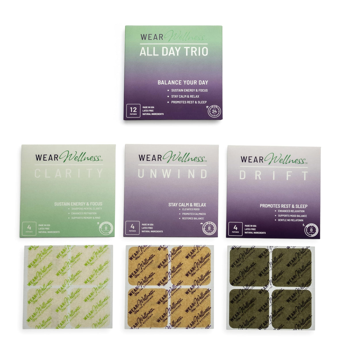 Wear Wellness All Day Trio - Unwind, Drift & Clarity Film Patches - Topical Patches for Calm, Focus & Sleep Support - Long-Lasting Effect – 12 Pack