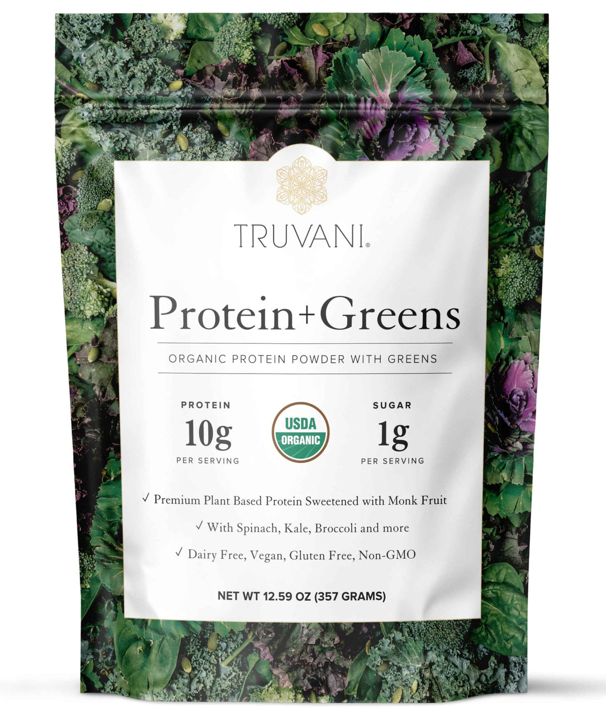 Truvani Protein + Greens Supplement - Spinach, Kale & Broccoli - 10g Organic Plant Based Protein - 20 Servings - USDA Organic - Gluten & Dairy Free
