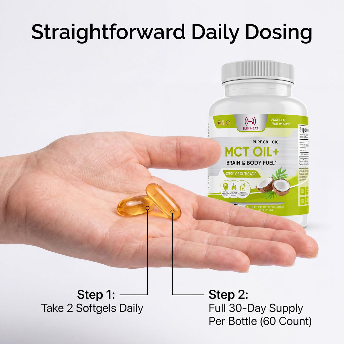 Slim Heat MCT Oil Capsules 2000mg - Pure C8 C10 Caprylic & Capric Acid Softgels, No Lauric Acid, Keto Coconut Fats Supplement for Energy Support, 60 Count (30-Day Supply)