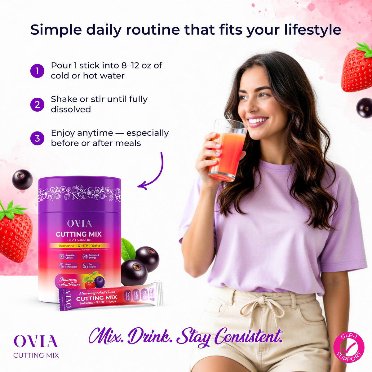 OVIA Cutting Mix Craving Control & Weight Management Powder with Yerba Mate, Berberine, 5-HTP, Inulin FOS, L-Theanine, Chromium, Cinnamon & Ginger - Strawberry Acai - 30 Sticks