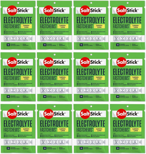 SaltStick Electrolyte FastChews Chewable Tablets, Lemon Lime, 120 count, 12 packets of 10 tablets each
