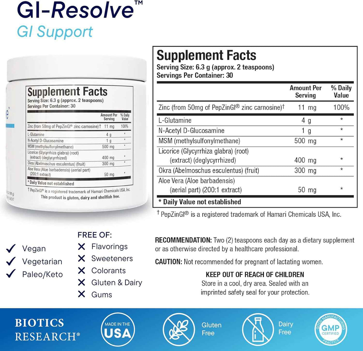BIOTICS RESEARCH GI Resolve Advanced L-Glutamine Powder Formula for Gut Lining Support & Healing - Optimal Gastrointestinal Function - Premium 7-Ingredient with Zinc Carnosine & Botanicals- 6.7oz