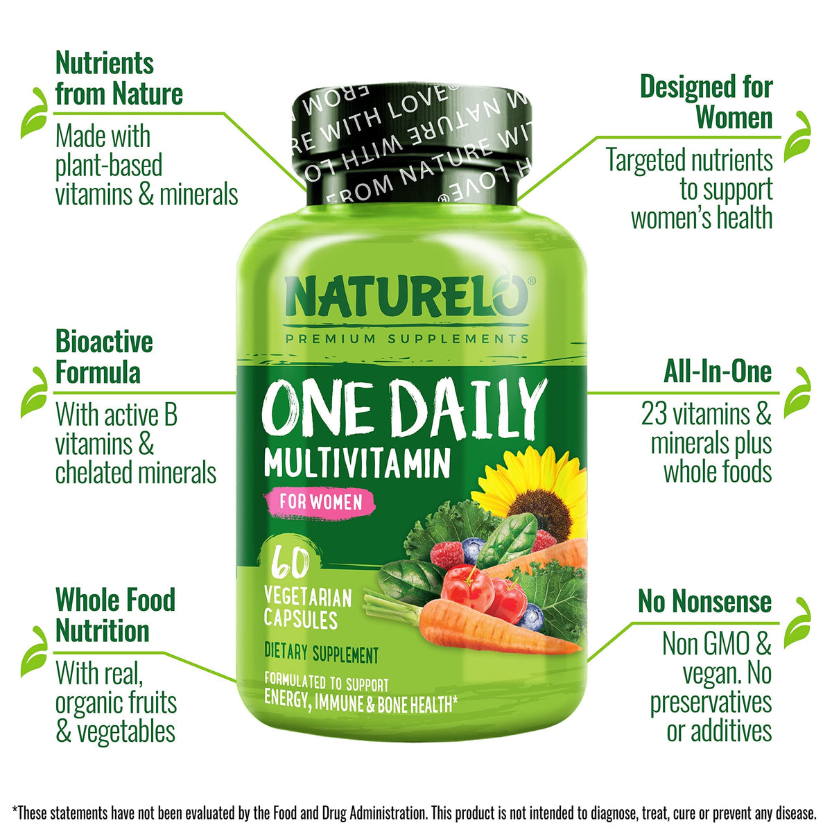 NATURELO One Daily Multivitamin for Women w/Vitamin B12, 60 Ct, Energy Support, Whole Food Daily Women Multivitamin Supplement, Nourish Hair/Skin/Nail, Non-GMO, No Soy, Gluten Free, 2 Month Supply