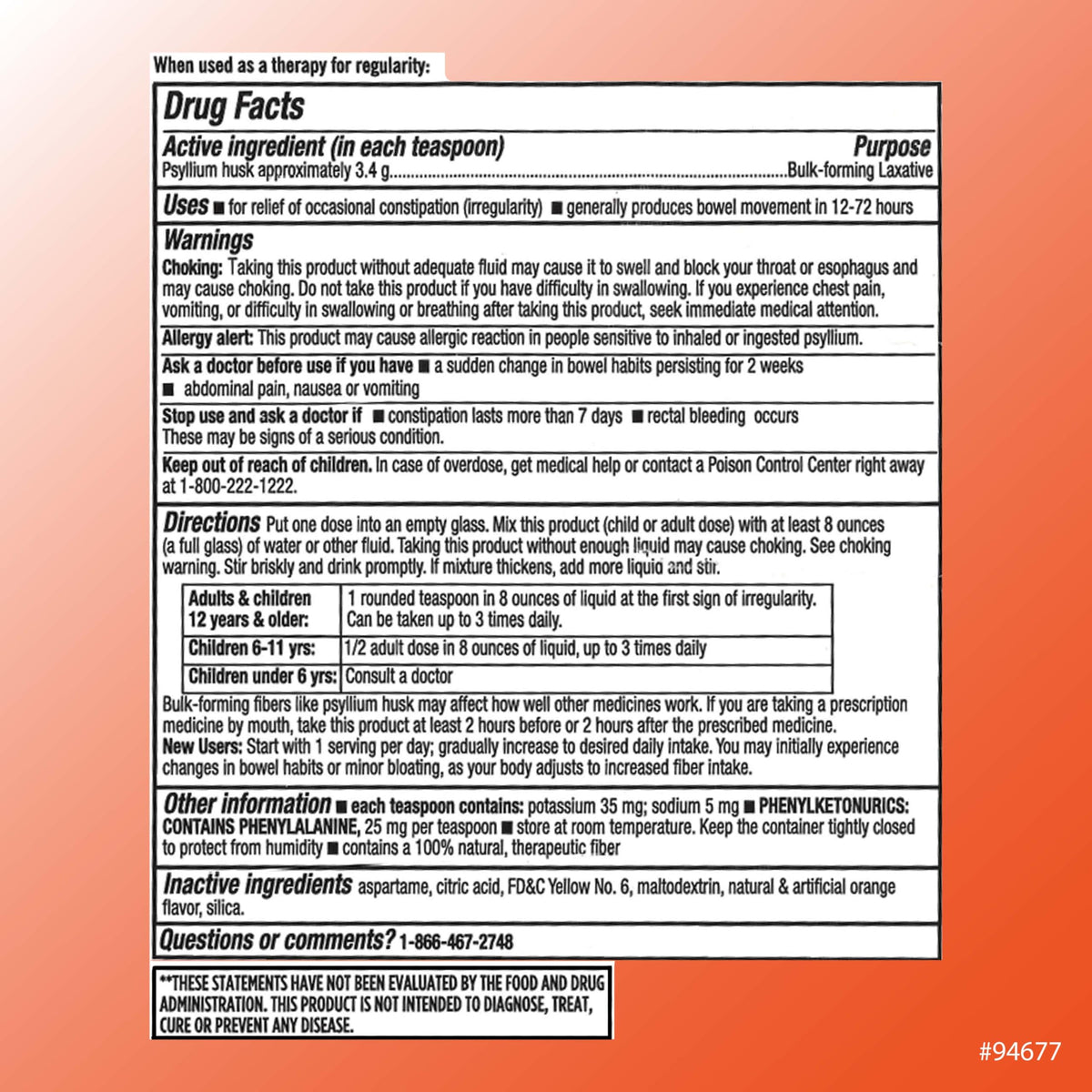 Quality Choice Sugar Free Fiber Powder Naturally Derived Vegetable Formula 48 Doses Orange Flavor