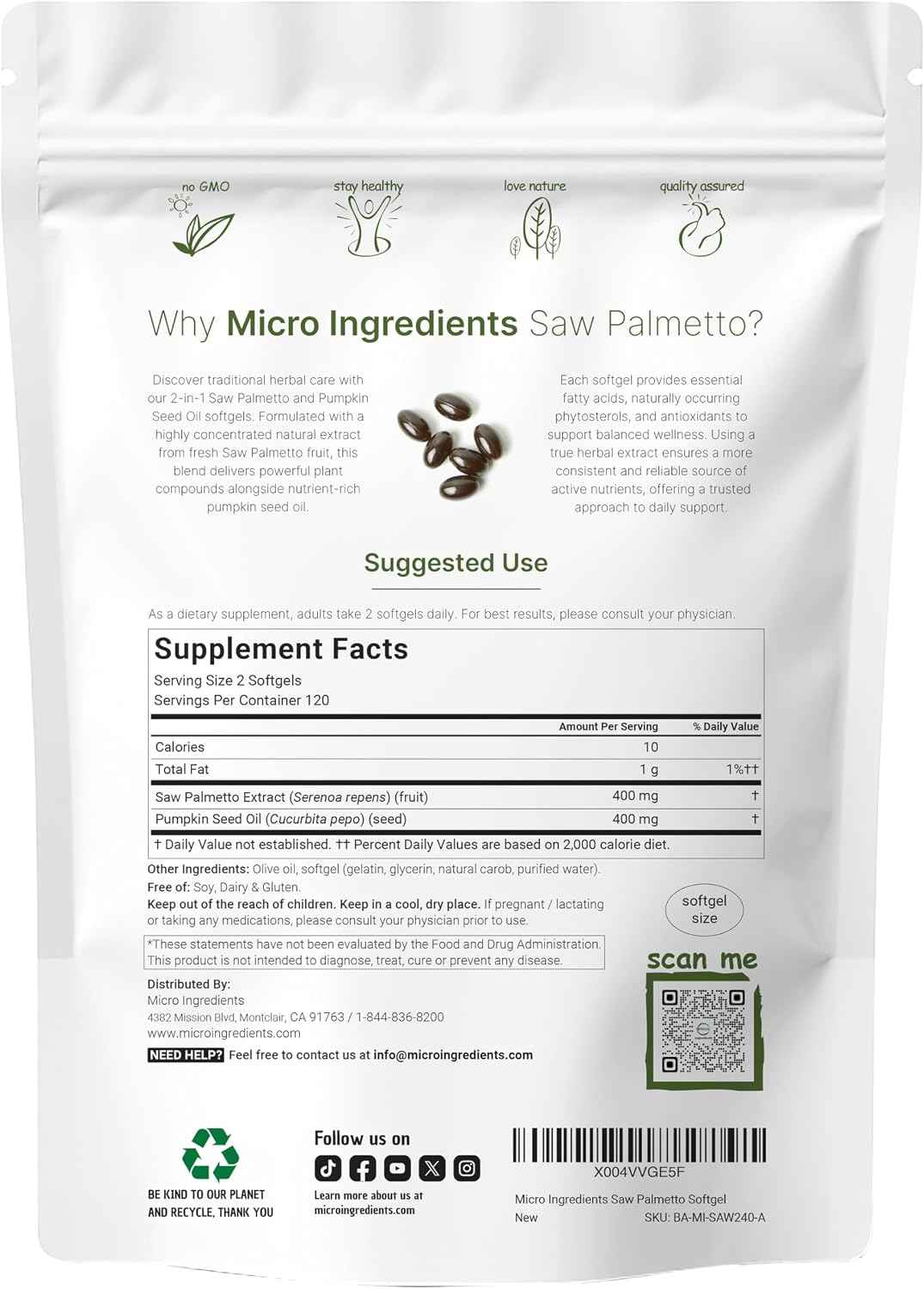 Micro Ingredients Saw Palmetto with Pumpkin Seed Oil for Men, 240 Softgels - Cold-Pressed Extract - Virgin Oil Formula - Rich in Essential Fatty Acids & Phytosterols - Non-GMO, Gluten & Soy Free